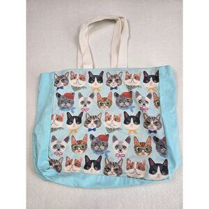 Cat Print Tote Bag With Blue Border & Canvas Handles